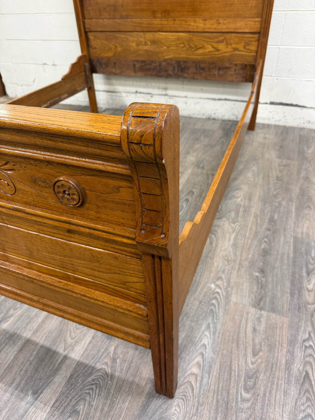 Antique Full Size Victorian Eastlake Carved Oak High Back Bed