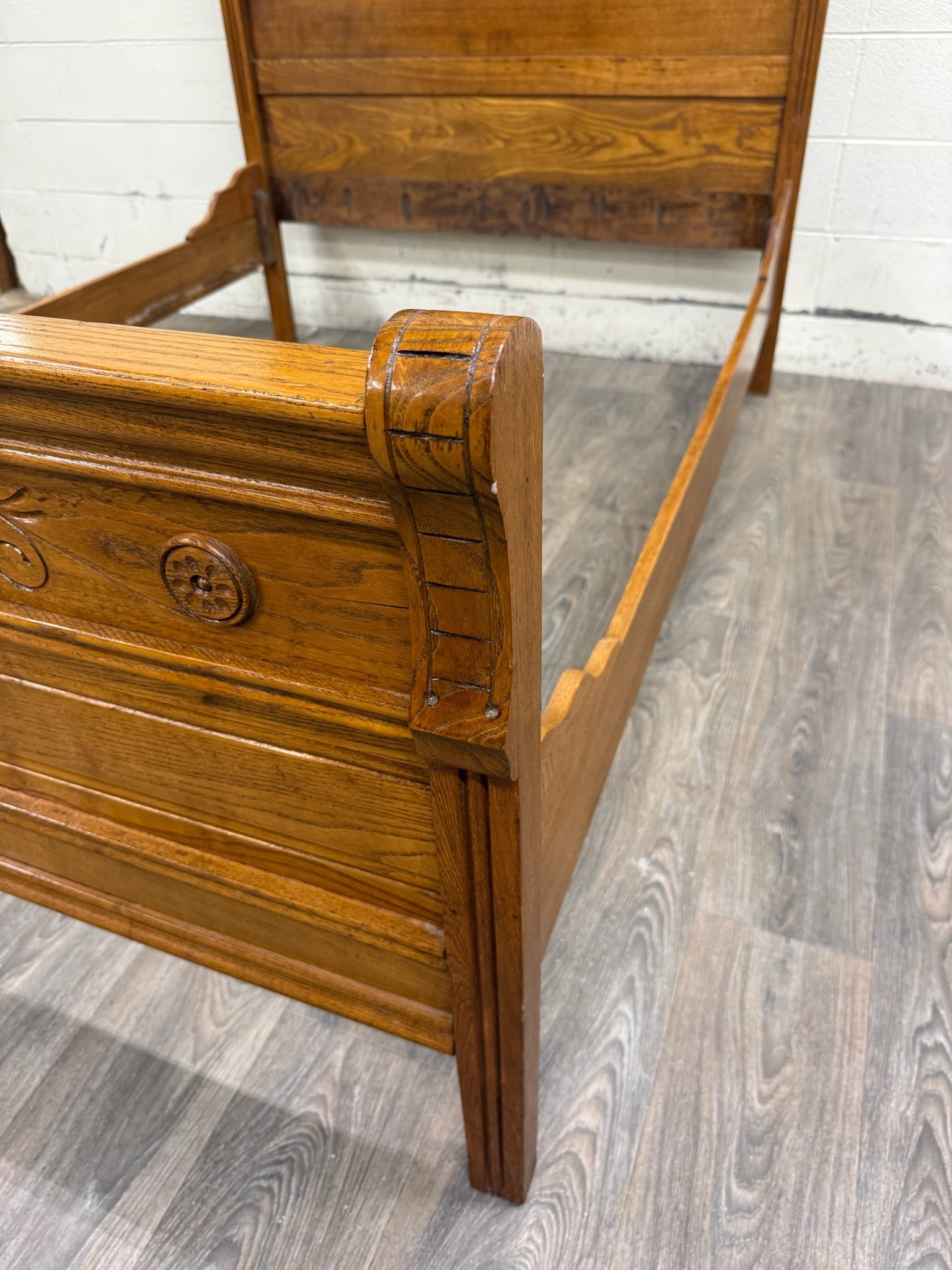 Antique Full Size Victorian Eastlake Carved Oak High Back Bed