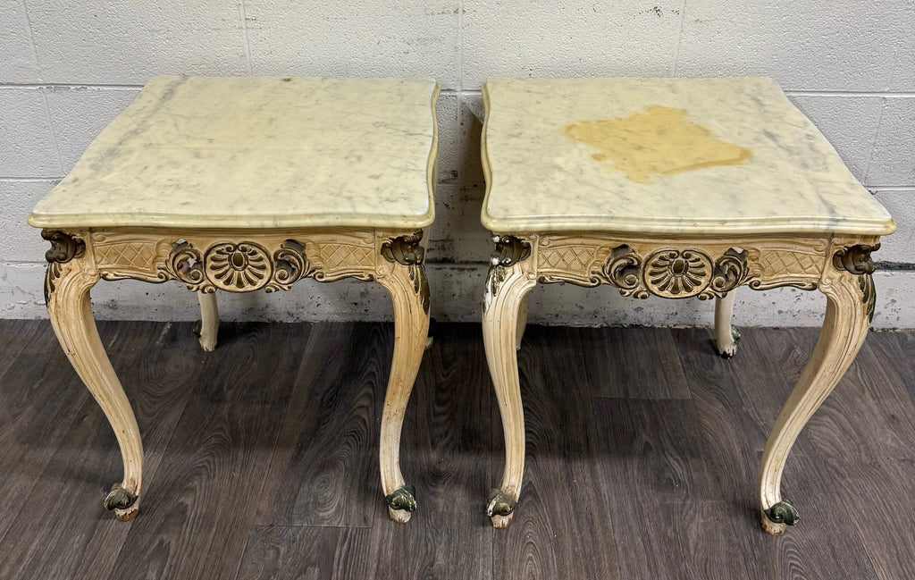 Vintage Italian Louis XV Style Marble Top End Tables - Pair