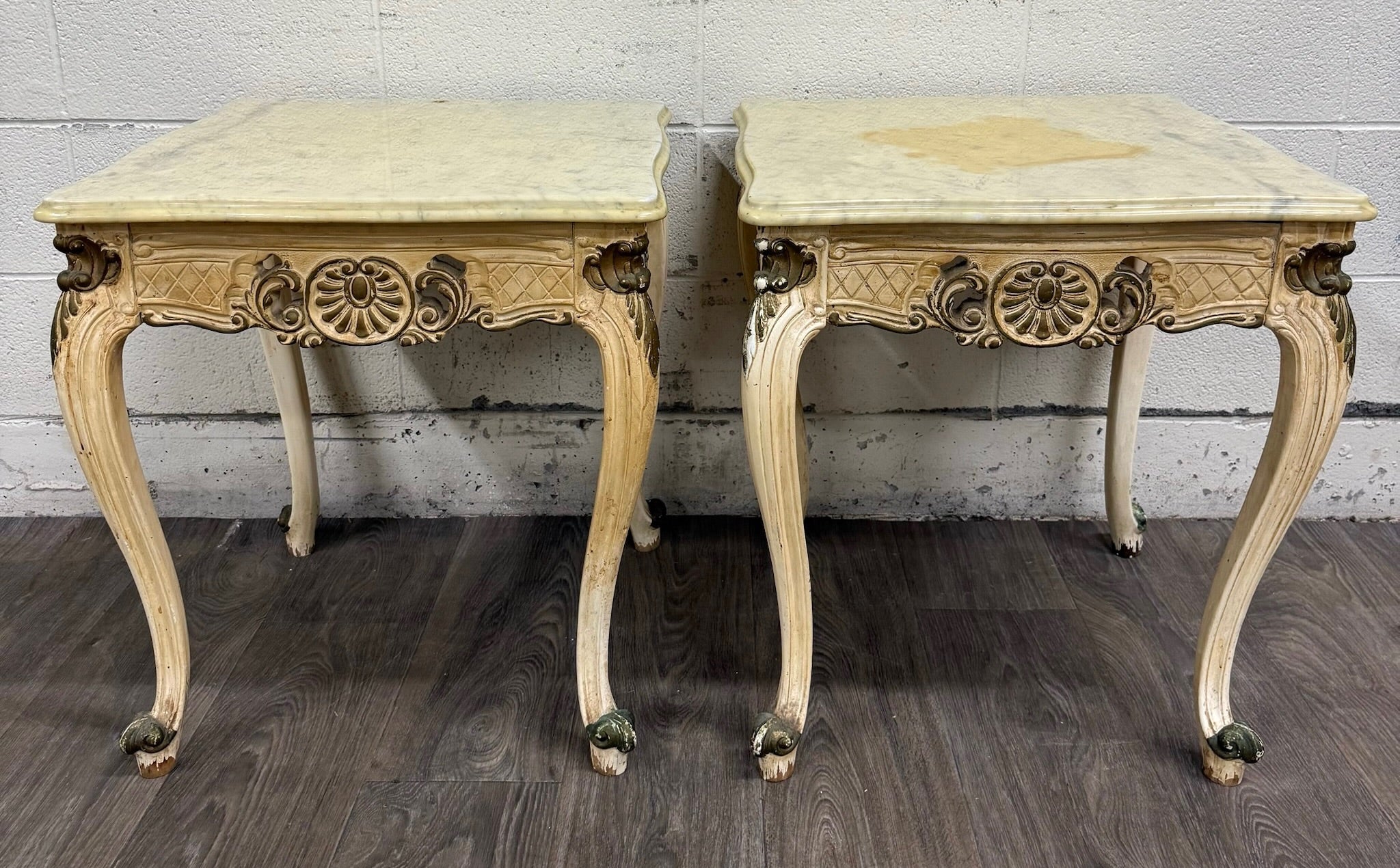 Vintage Italian Louis XV Style Marble Top End Tables - Pair