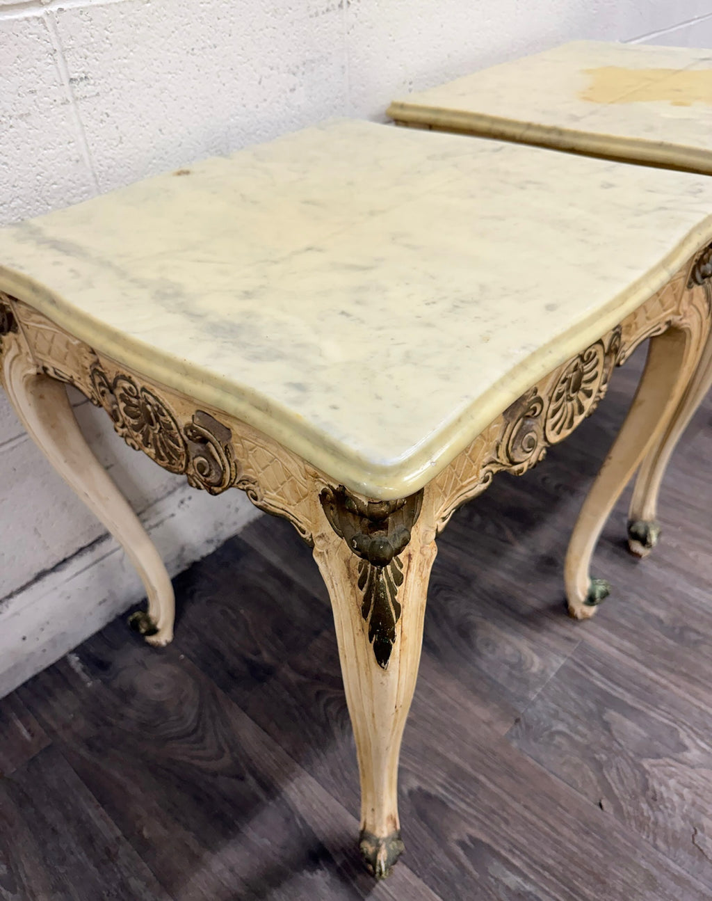 Vintage Italian Louis XV Style Marble Top End Tables - Pair