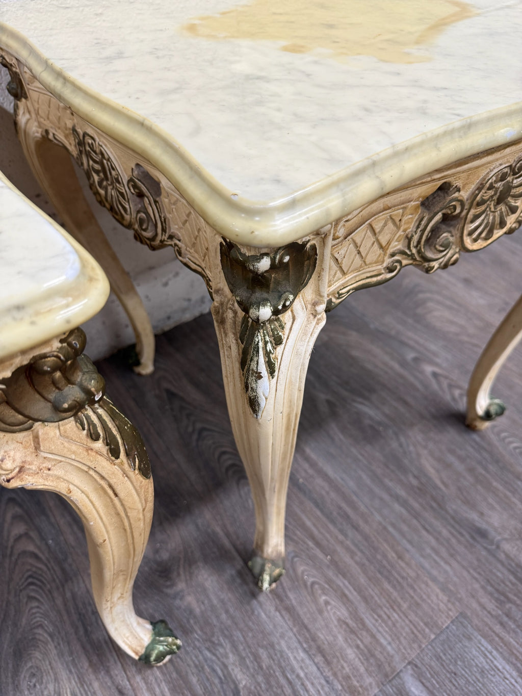 Vintage Italian Louis XV Style Marble Top End Tables - Pair