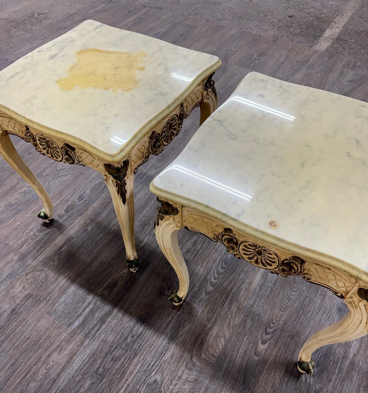 Vintage Italian Louis XV Style Marble Top End Tables - Pair