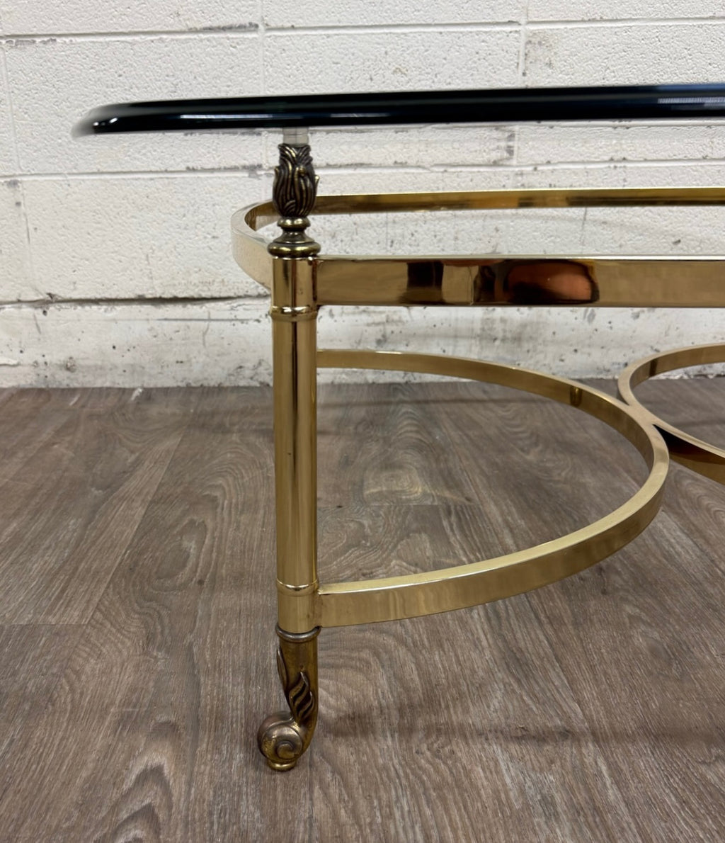 Vintage Hollywood Regency Brass Coffee Table with Beveled Glass Top