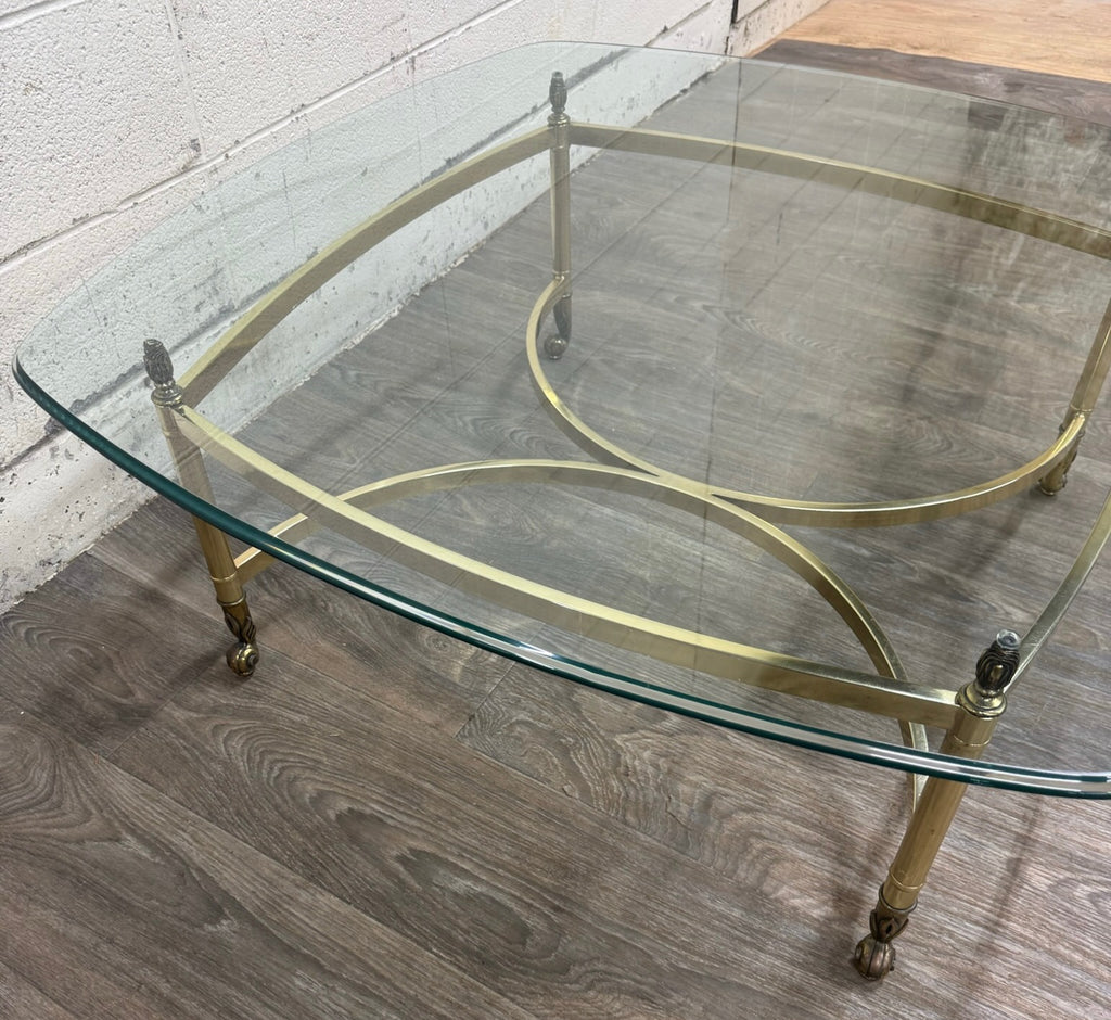 Vintage Hollywood Regency Brass Coffee Table with Beveled Glass Top