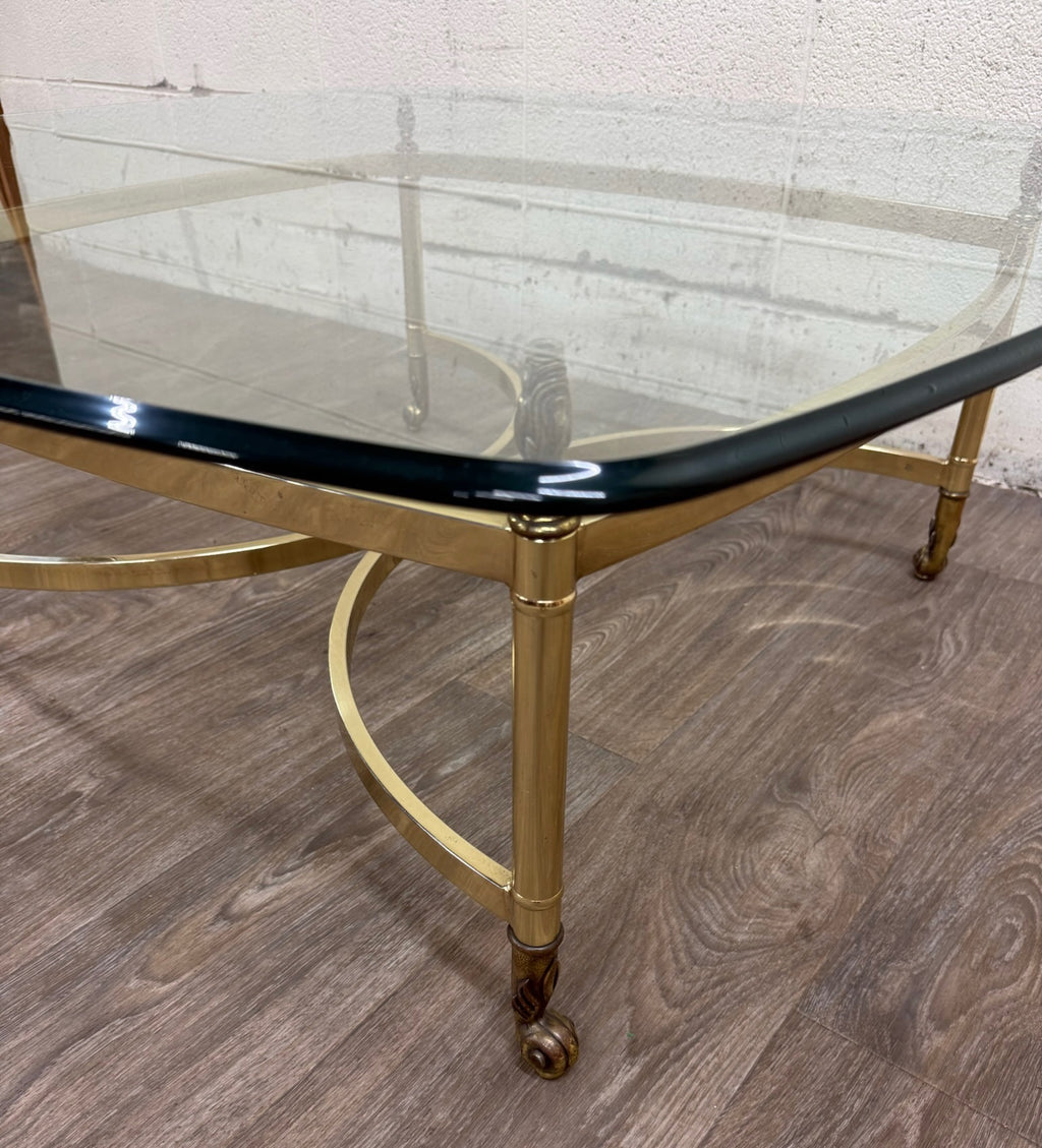 Vintage Hollywood Regency Brass Coffee Table with Beveled Glass Top