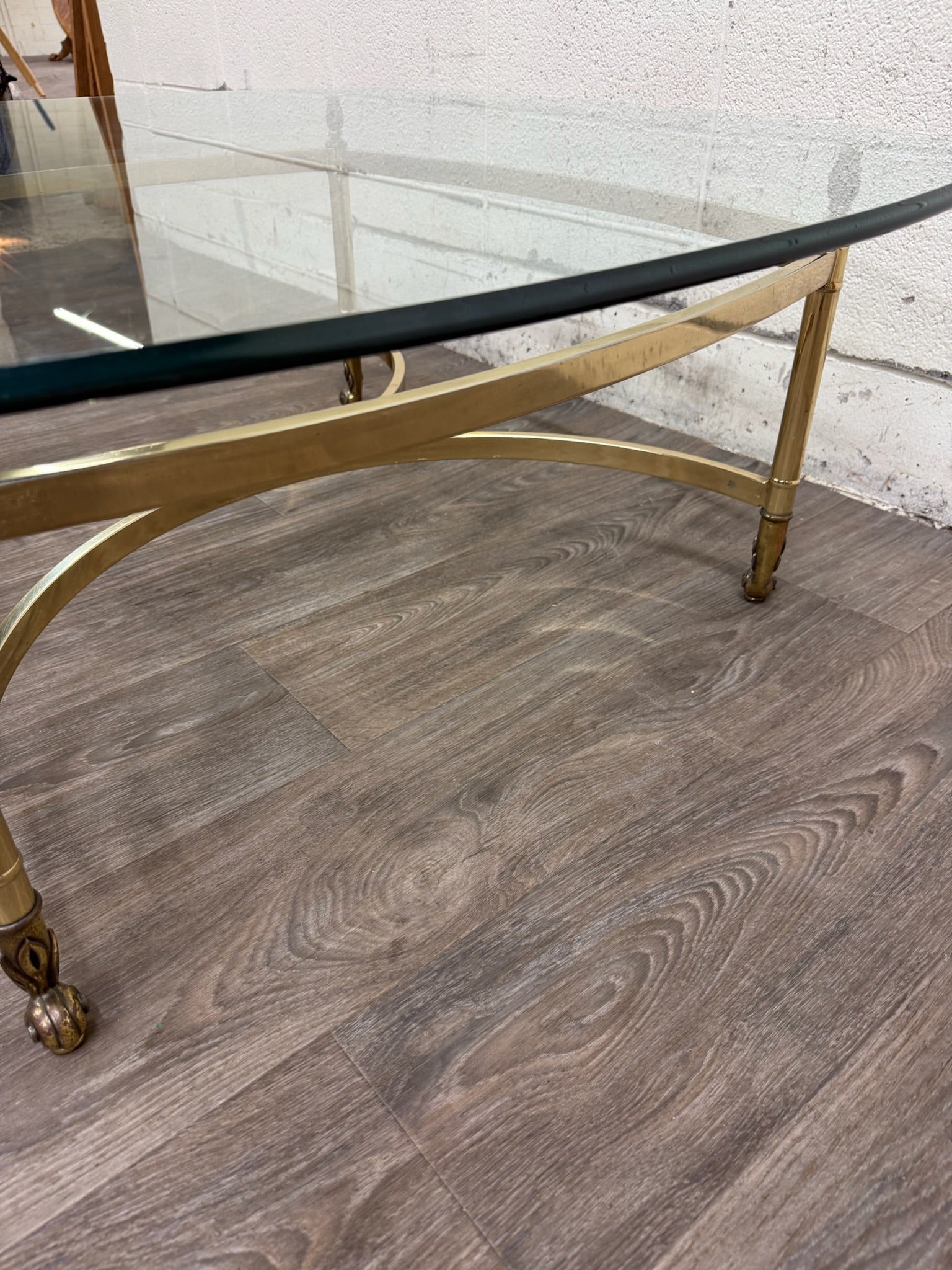 Vintage Hollywood Regency Brass Coffee Table with Beveled Glass Top