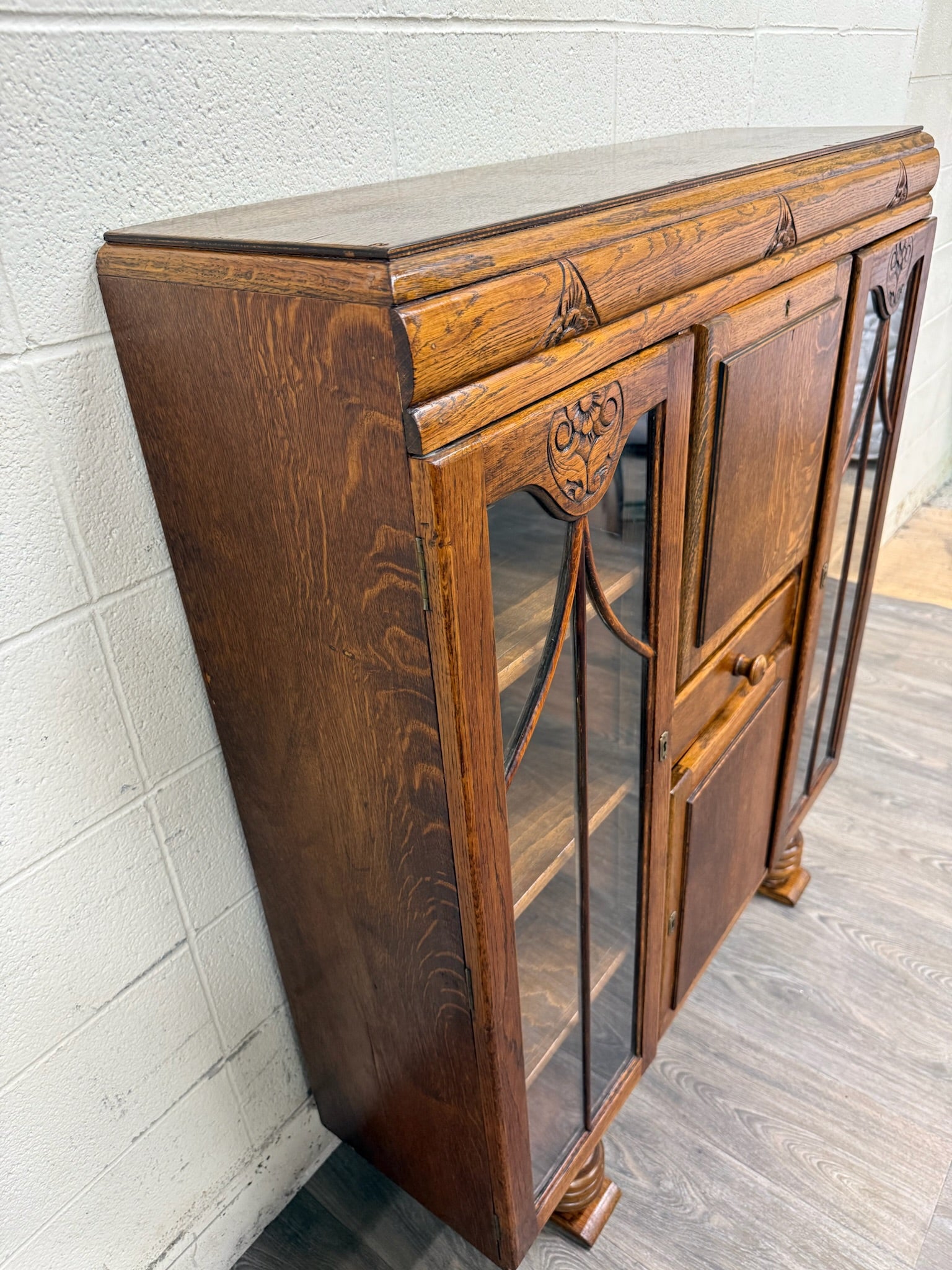 Antique Art Deco Oak Secretary Desk Bureau Bookcase Bar Scully