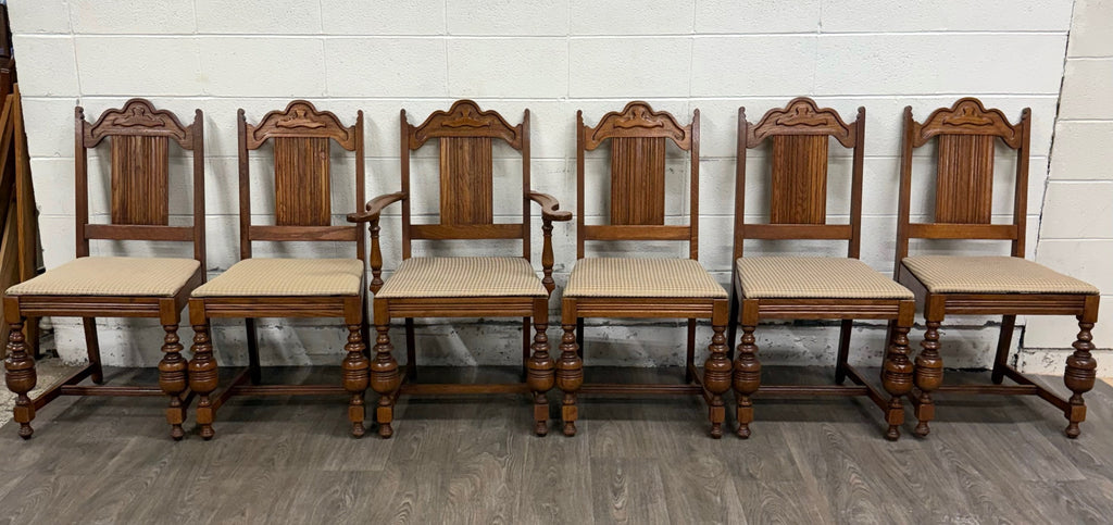 Vintage Jacobean Revival or English Tudor Style Oak Dining Chairs - Set of 6