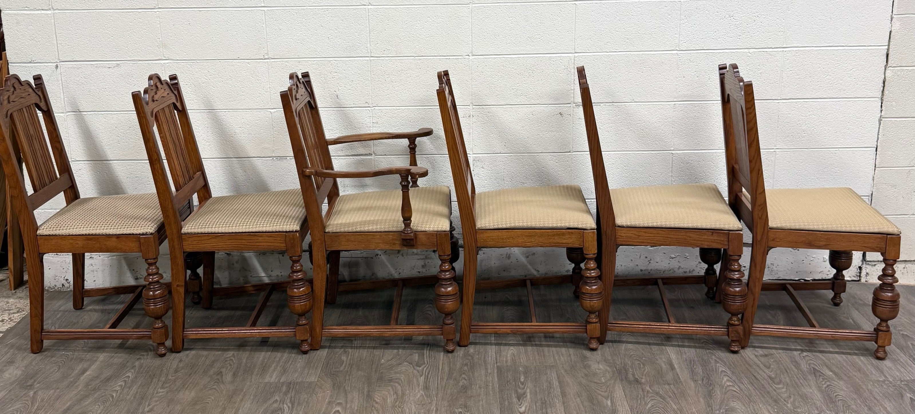 Vintage Jacobean Revival or English Tudor Style Oak Dining Chairs - Set of 6