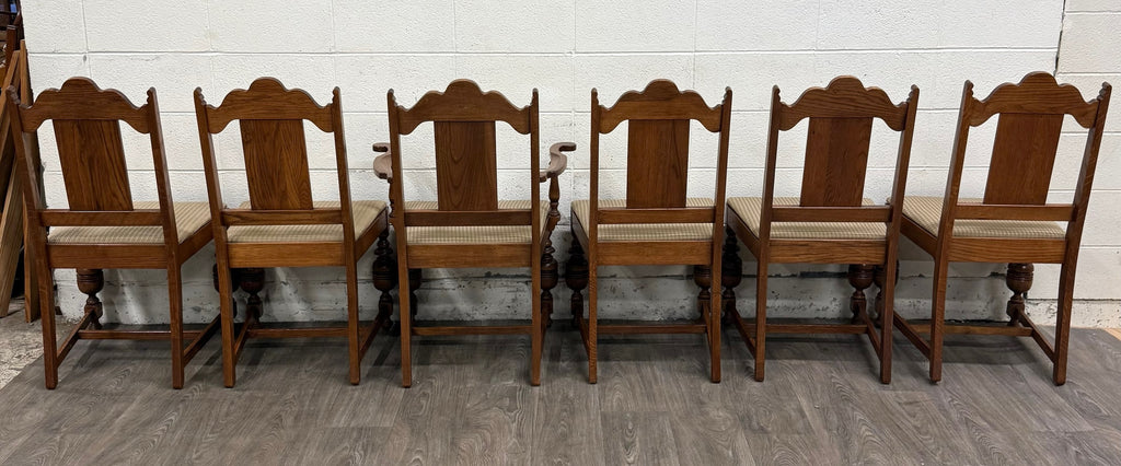 Vintage Jacobean Revival or English Tudor Style Oak Dining Chairs - Set of 6