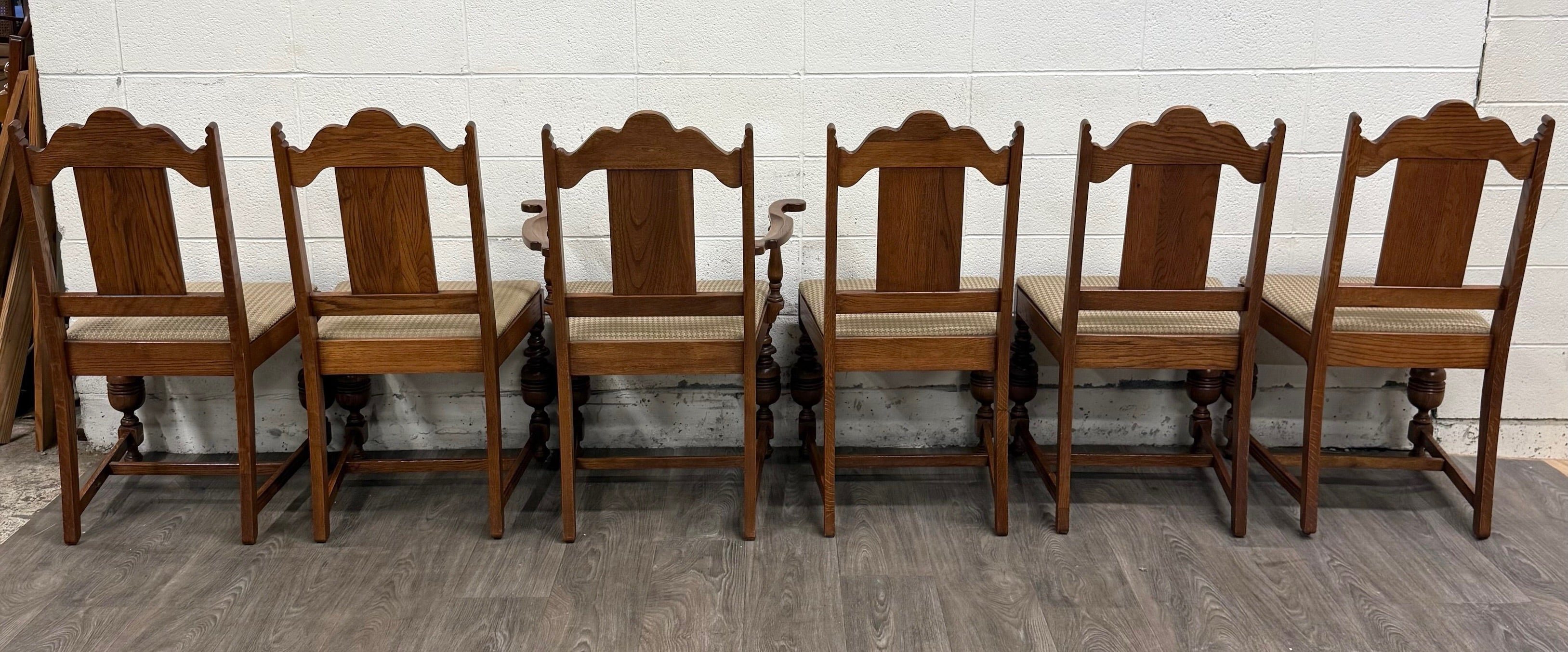 Vintage Jacobean Revival or English Tudor Style Oak Dining Chairs - Set of 6