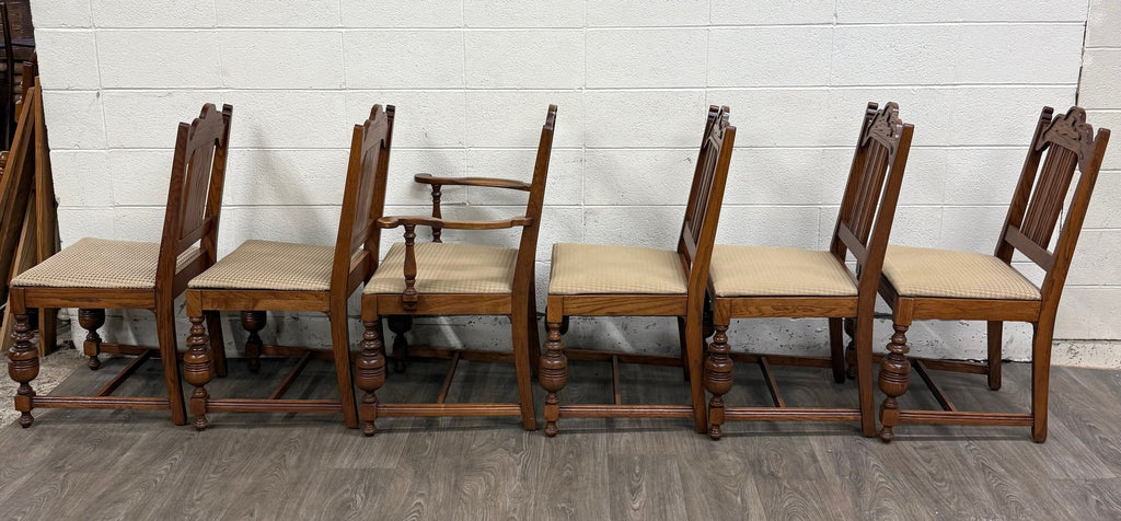 Vintage Jacobean Revival or English Tudor Style Oak Dining Chairs - Set of 6