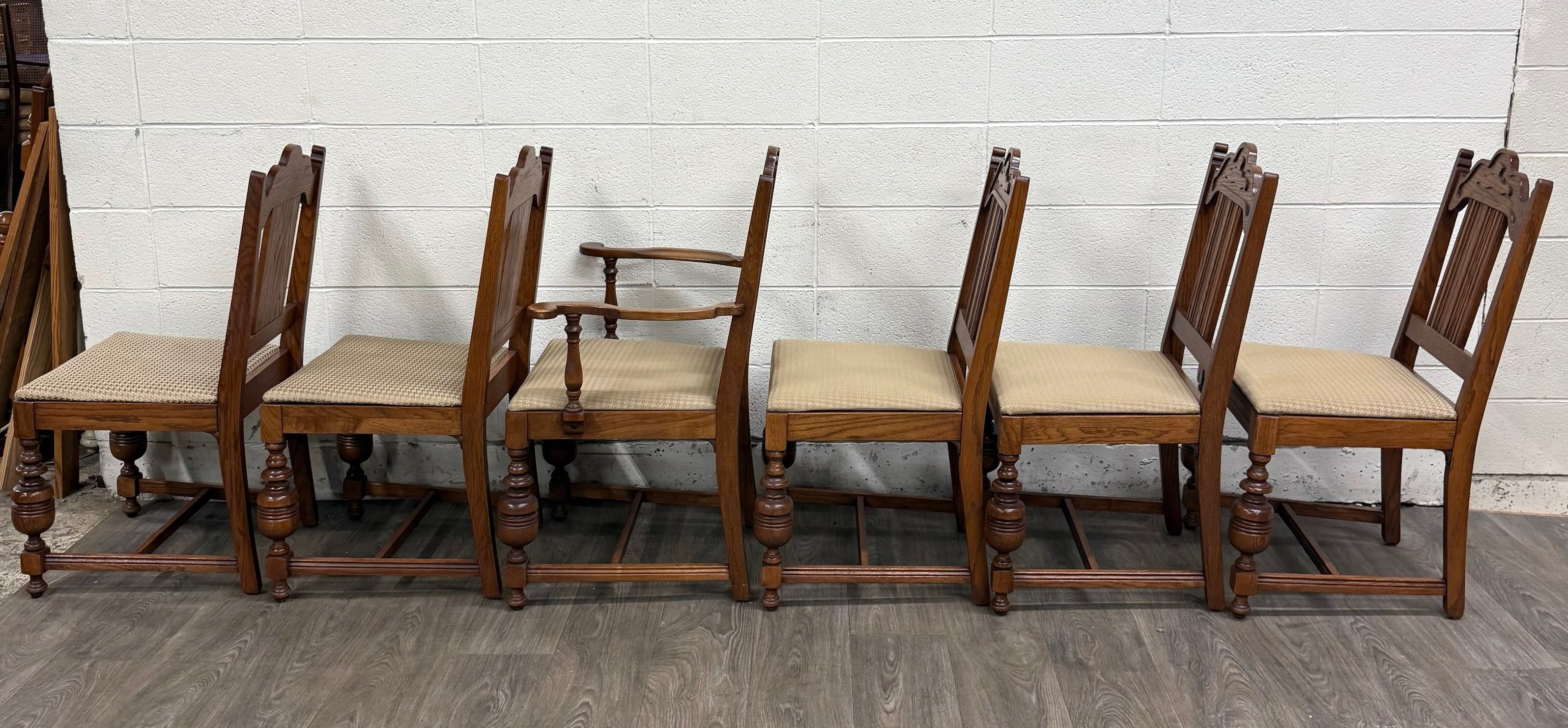 Vintage Jacobean Revival or English Tudor Style Oak Dining Chairs - Set of 6