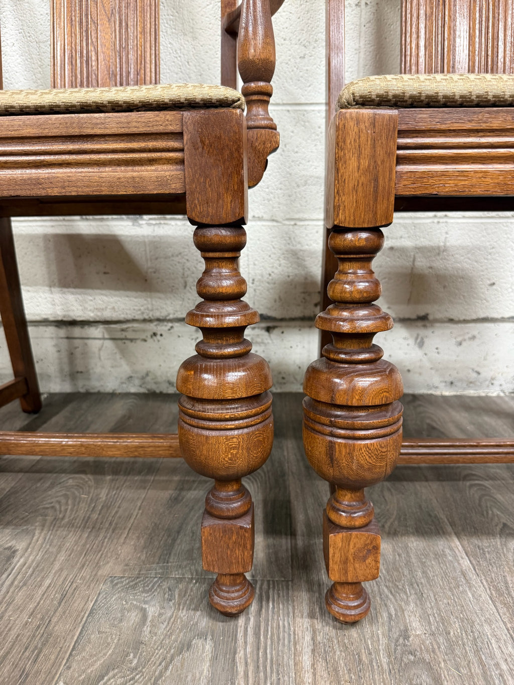 Vintage Jacobean Revival or English Tudor Style Oak Dining Chairs - Set of 6