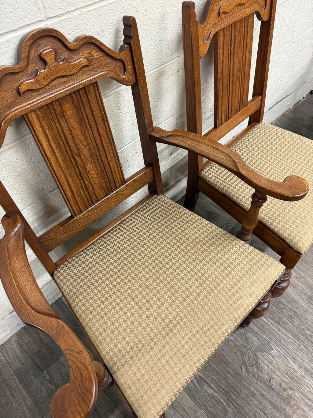Vintage Jacobean Revival or English Tudor Style Oak Dining Chairs - Set of 6