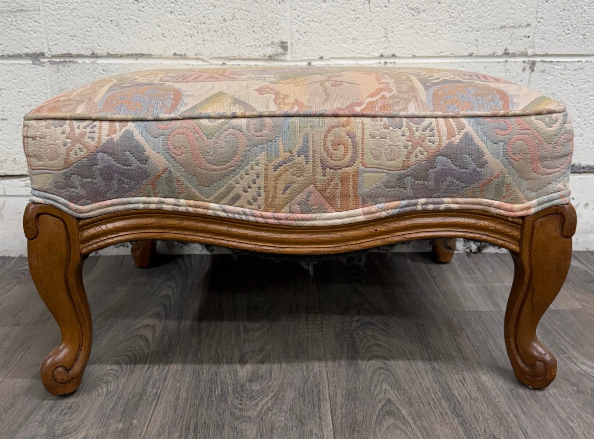 Vintage French Louis XV French Country Carved Upholstered Ottoman