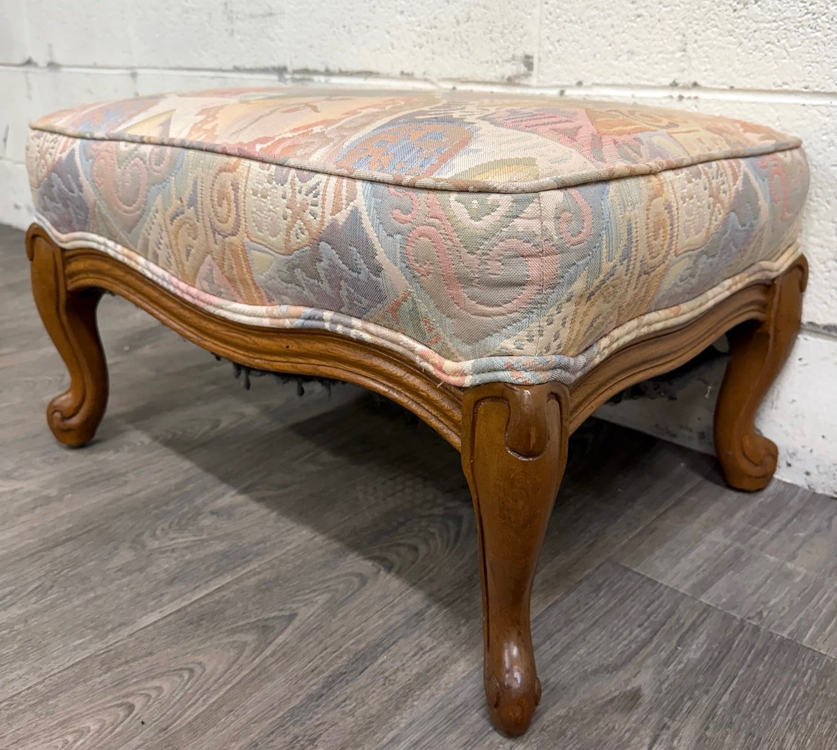 Vintage French Louis XV French Country Carved Upholstered Ottoman