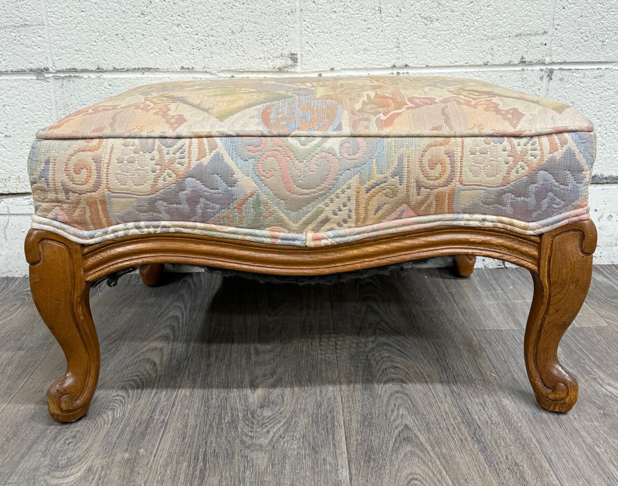 Vintage French Louis XV French Country Carved Upholstered Ottoman