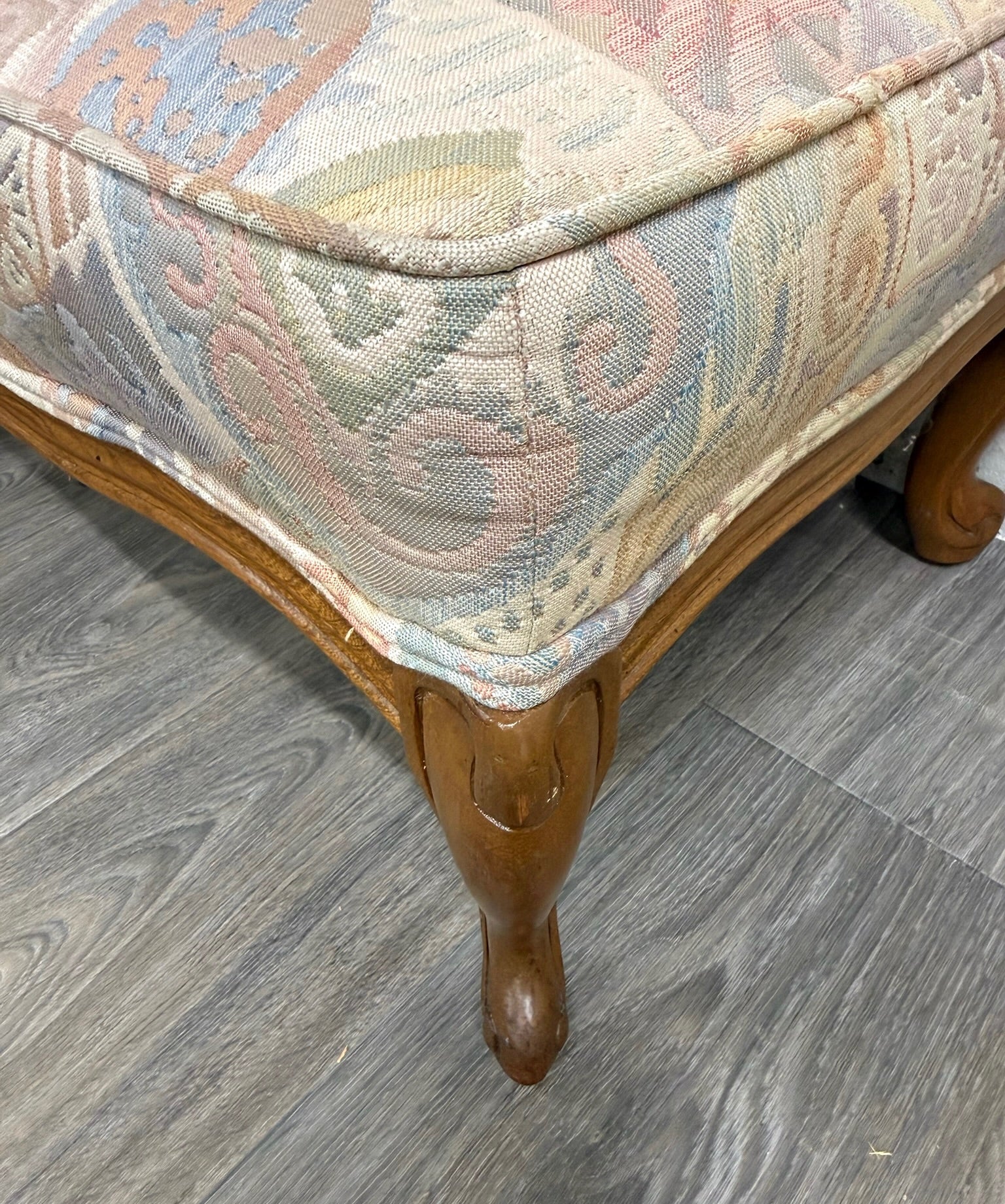 Vintage French Louis XV French Country Carved Upholstered Ottoman