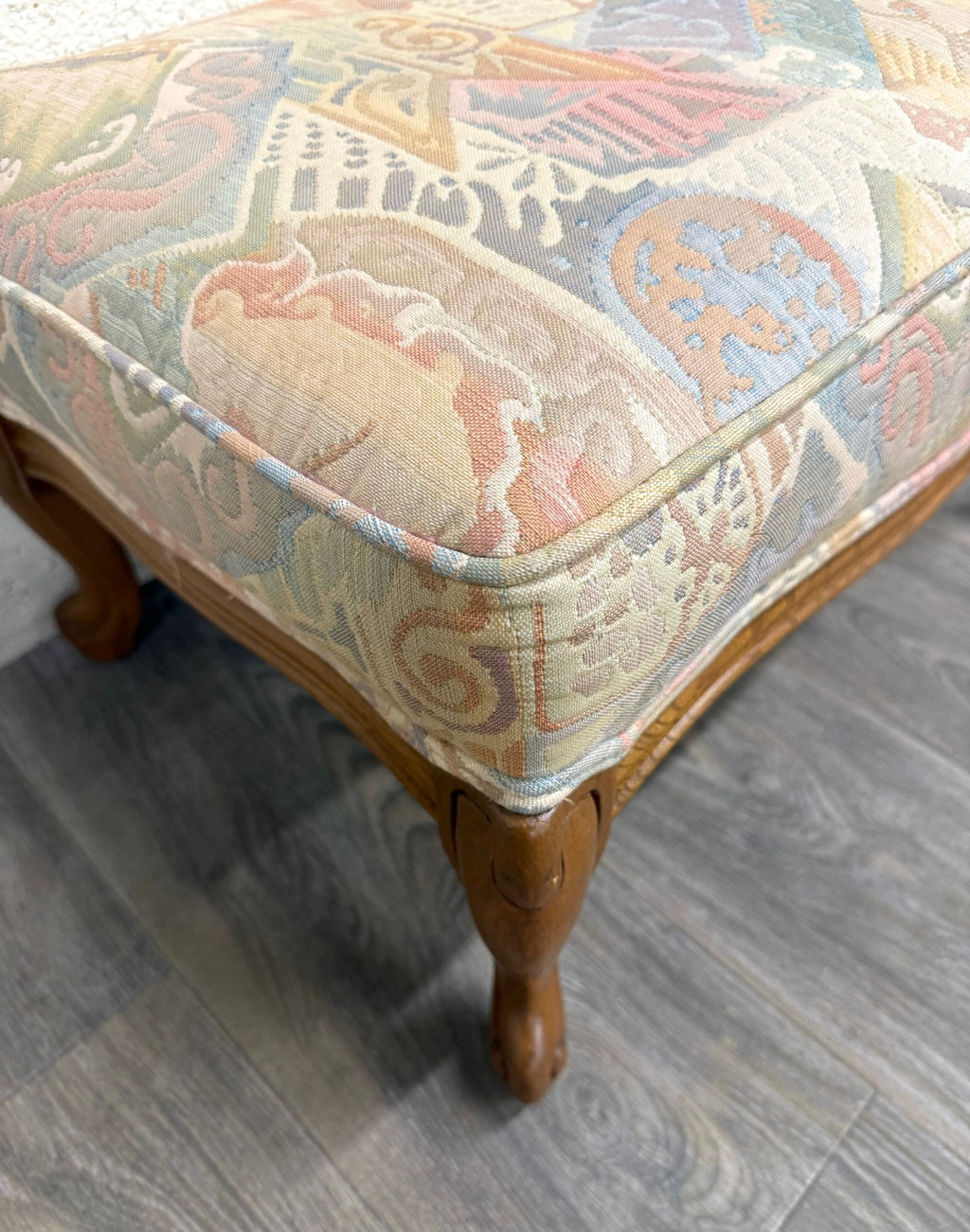 Vintage French Louis XV French Country Carved Upholstered Ottoman