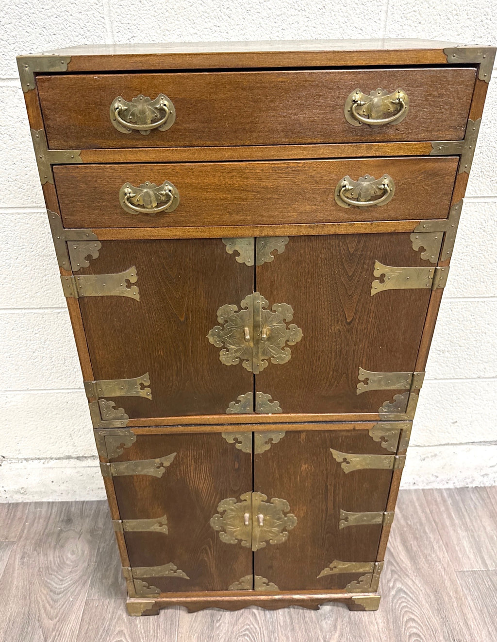 Vintage Japanese Tansu Style Oak and Engraved Brass Cabinet