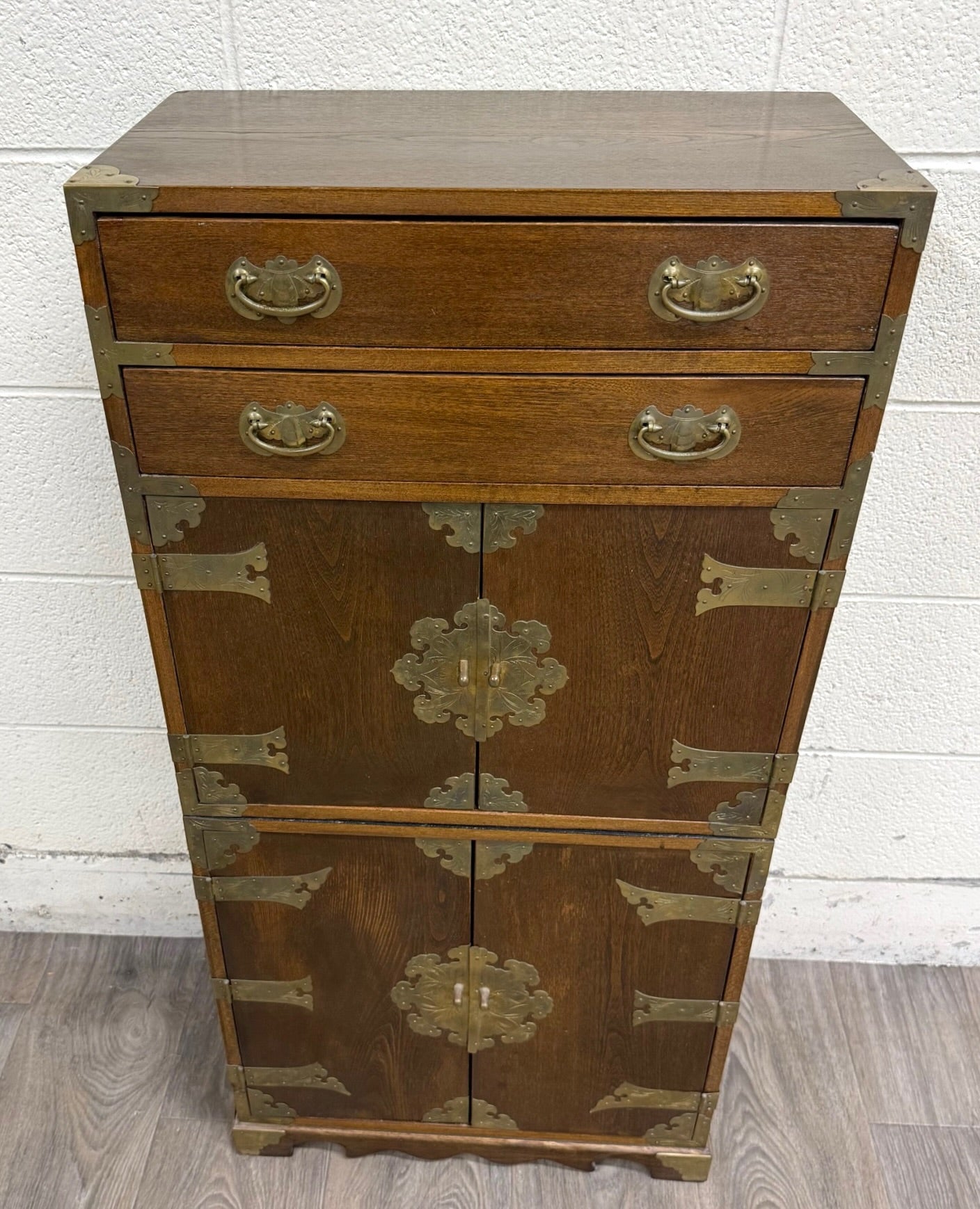 Vintage Japanese Tansu Style Oak and Engraved Brass Cabinet
