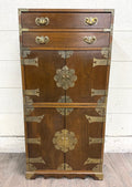Vintage Japanese Tansu Style Oak and Engraved Brass Cabinet