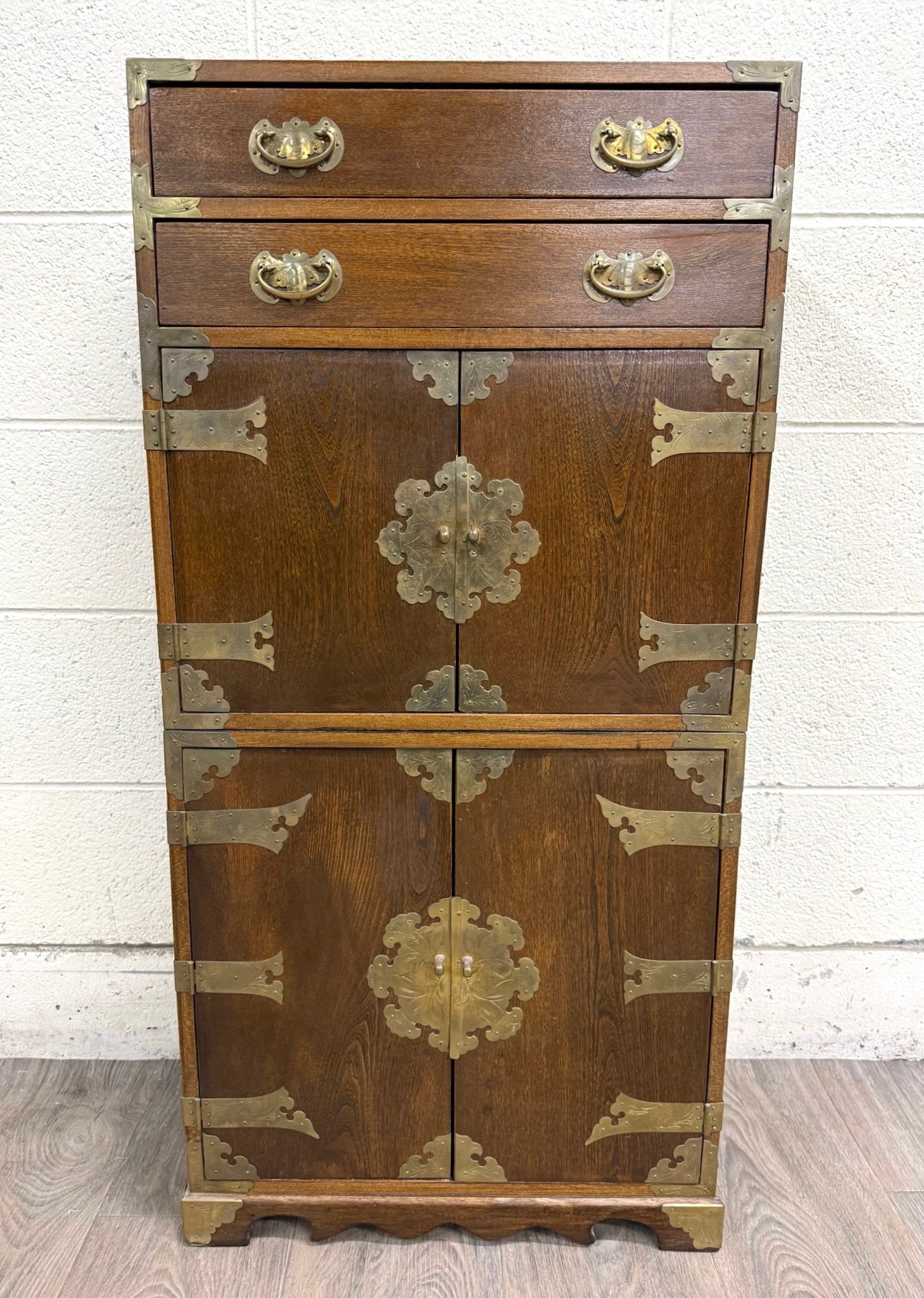 Vintage Japanese Tansu Style Oak and Engraved Brass Cabinet