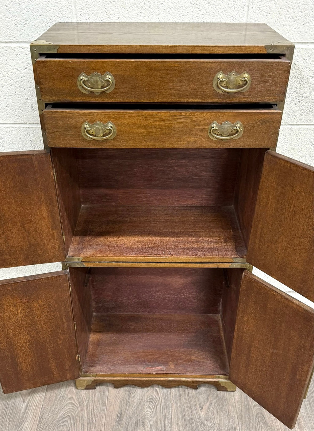 Vintage Japanese Tansu Style Oak and Engraved Brass Cabinet