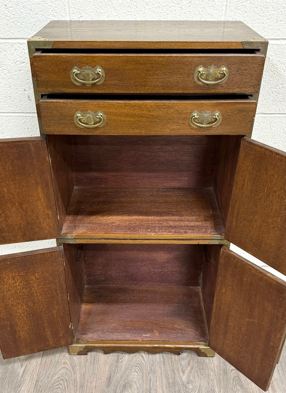 Vintage Japanese Tansu Style Oak and Engraved Brass Cabinet