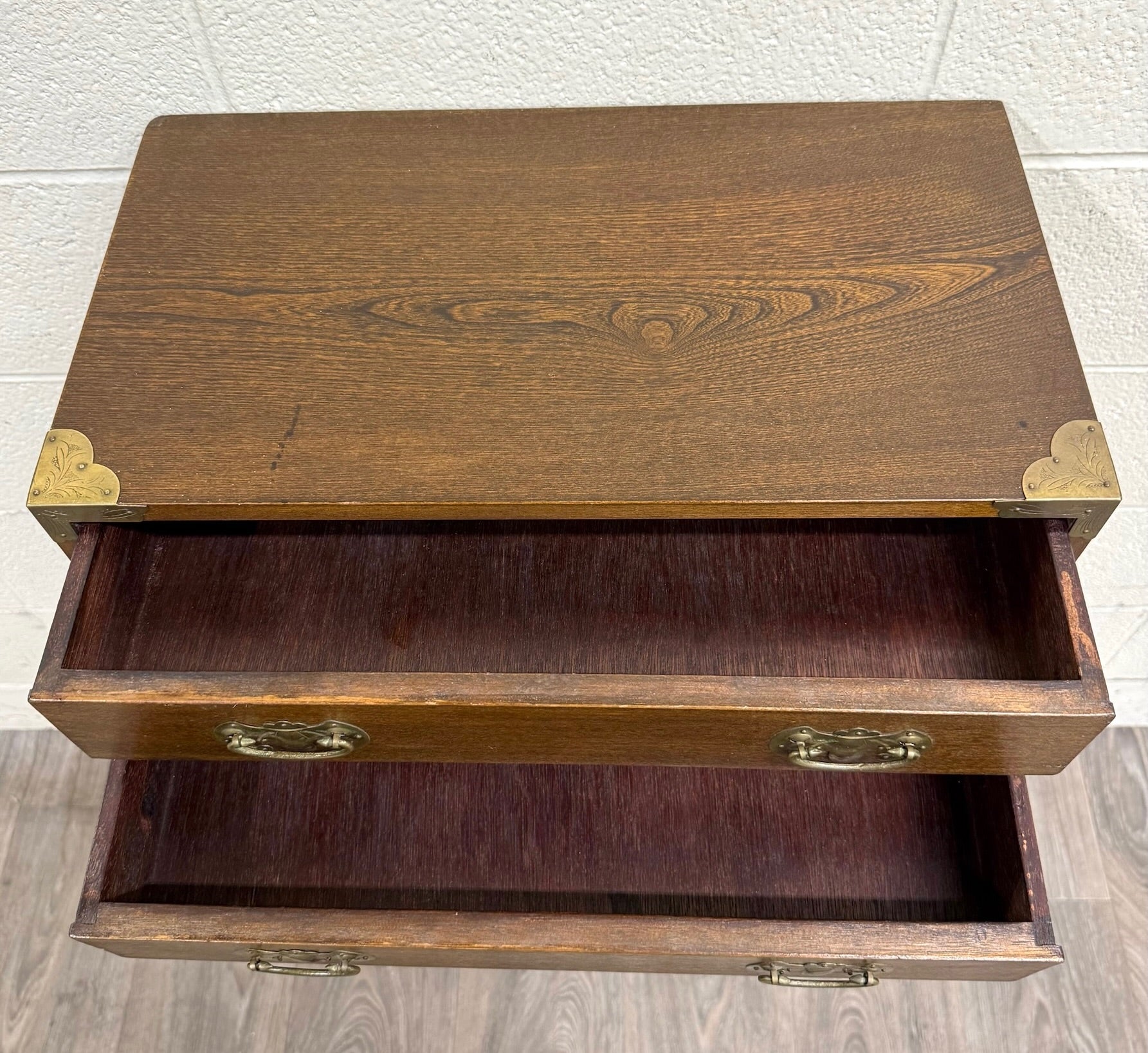 Vintage Japanese Tansu Style Oak and Engraved Brass Cabinet