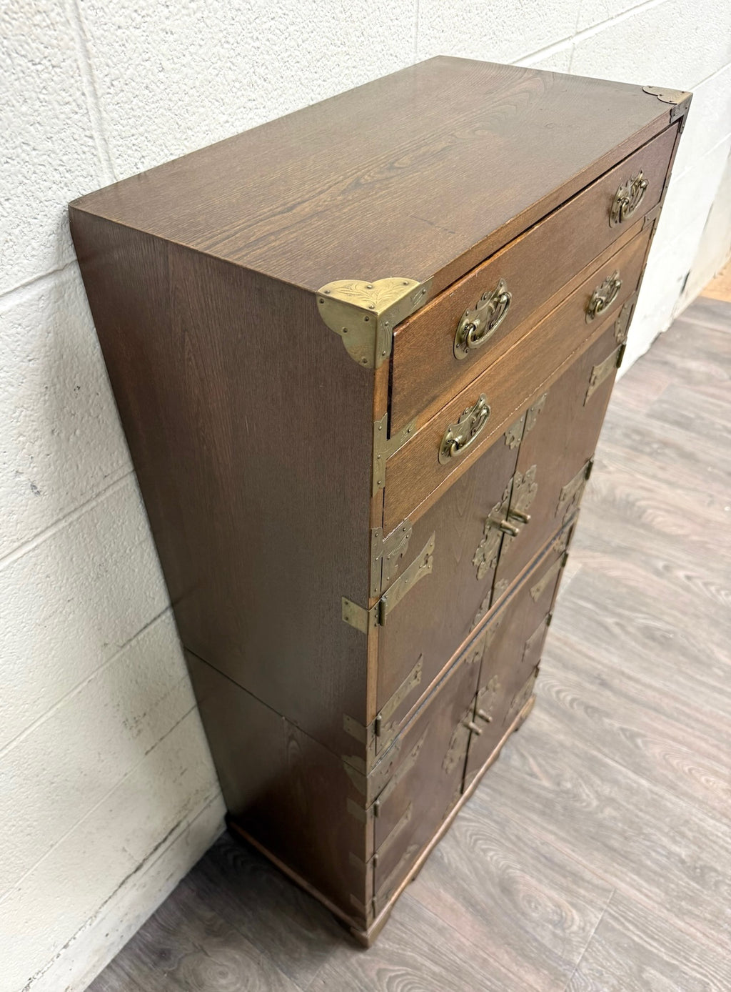 Vintage Japanese Tansu Style Oak and Engraved Brass Cabinet