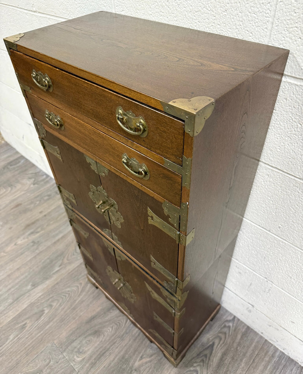 Vintage Japanese Tansu Style Oak and Engraved Brass Cabinet