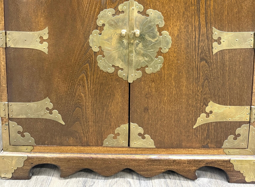 Vintage Japanese Tansu Style Oak and Engraved Brass Cabinet
