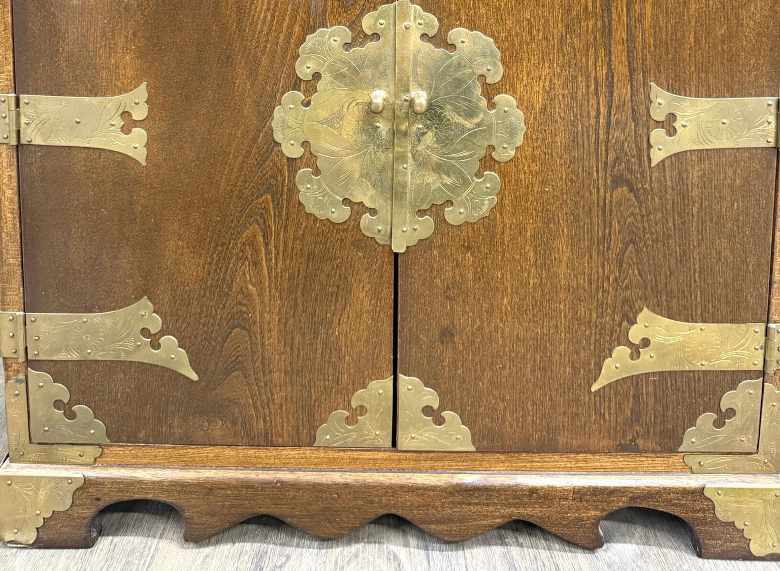 Vintage Japanese Tansu Style Oak and Engraved Brass Cabinet