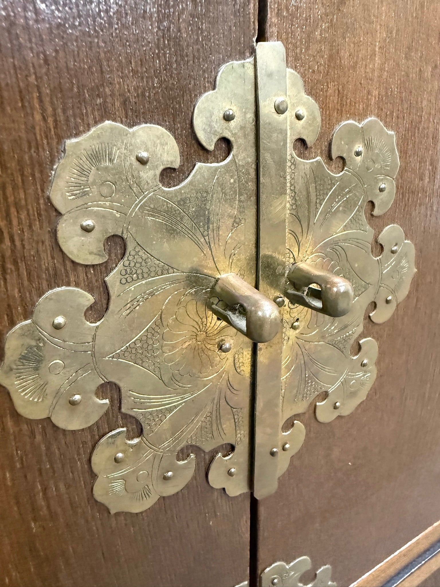 Vintage Japanese Tansu Style Oak and Engraved Brass Cabinet