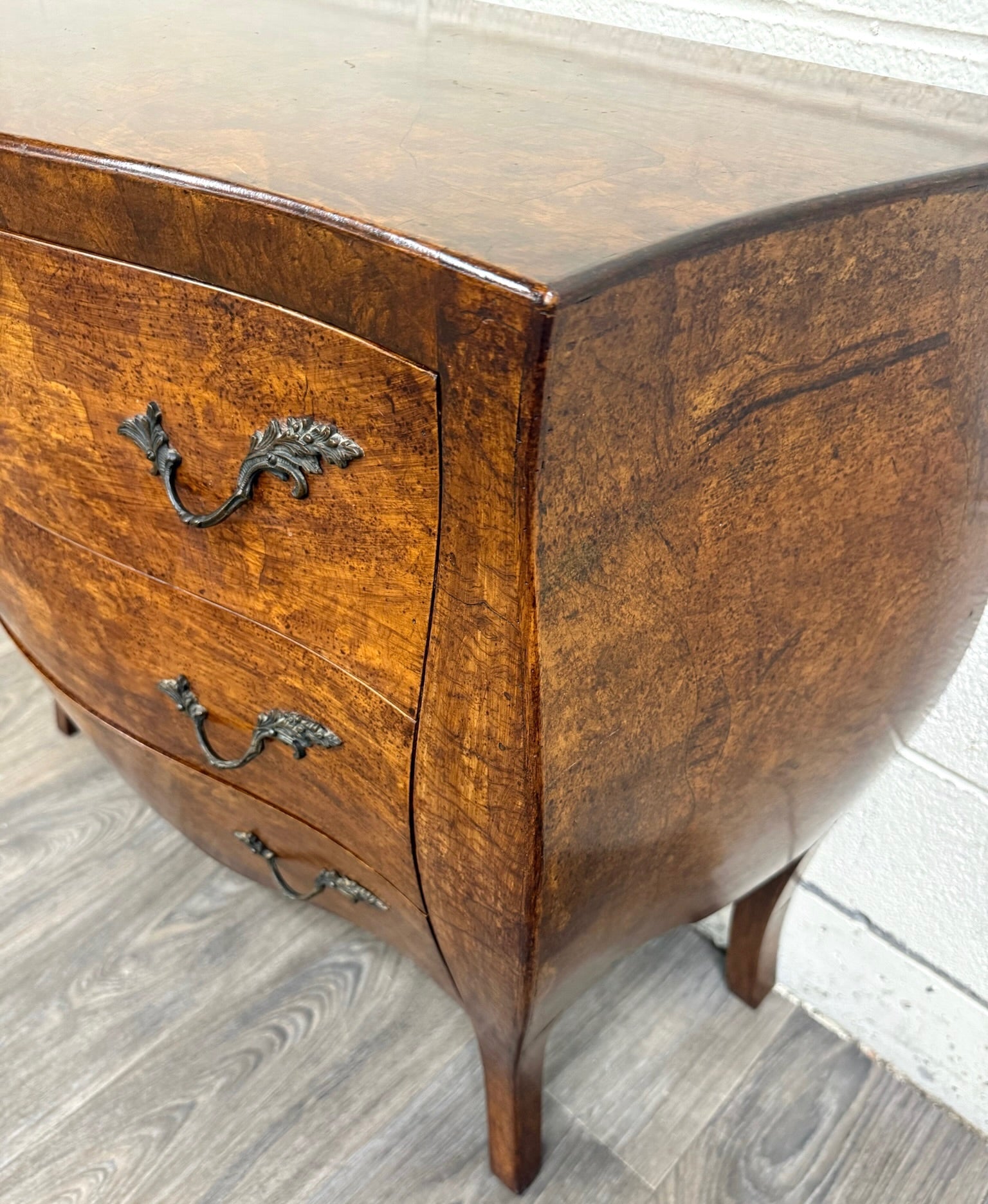 Vintage Italian Style Burled Curved Bombe Commode Chest