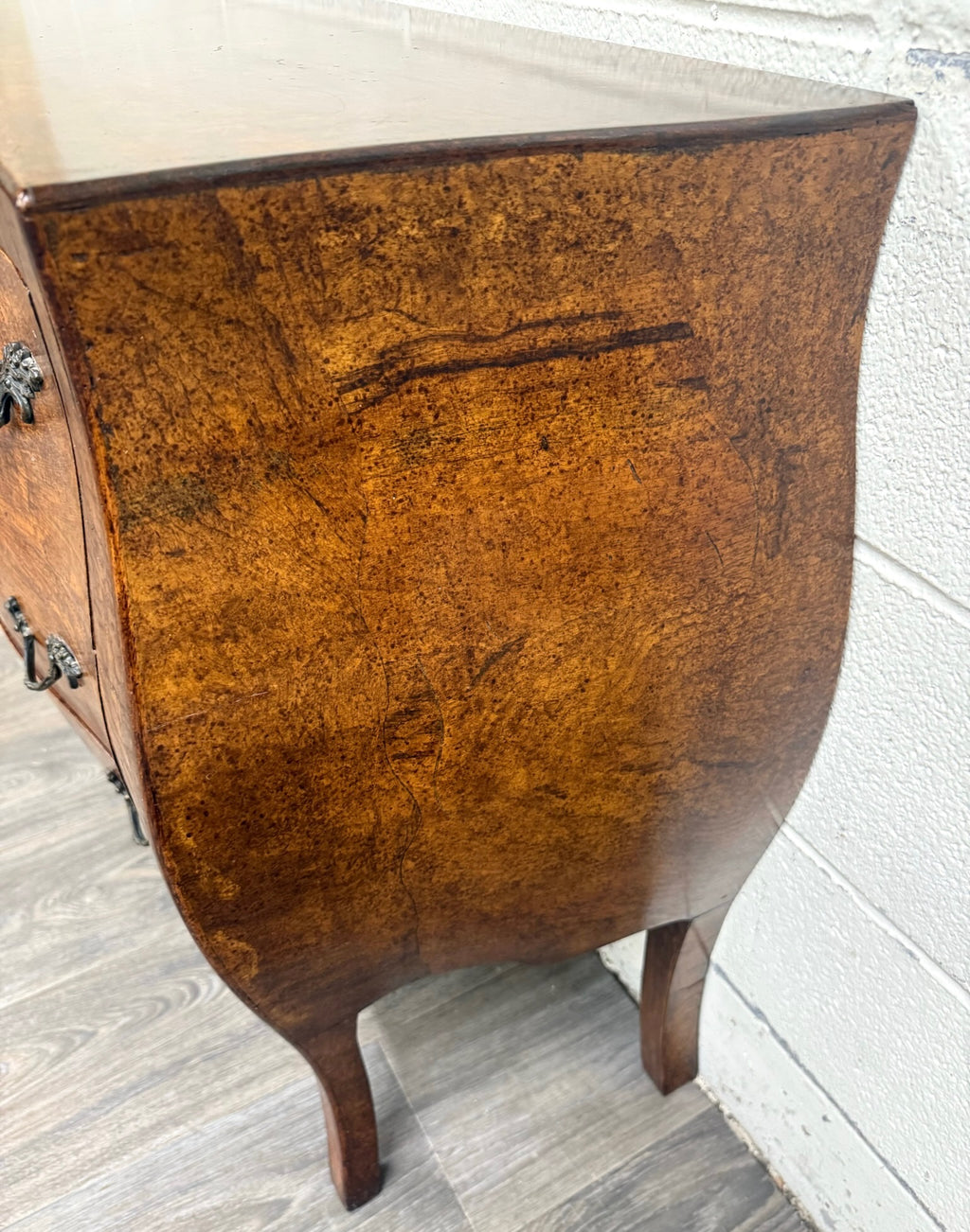 Vintage Italian Style Burled Curved Bombe Commode Chest