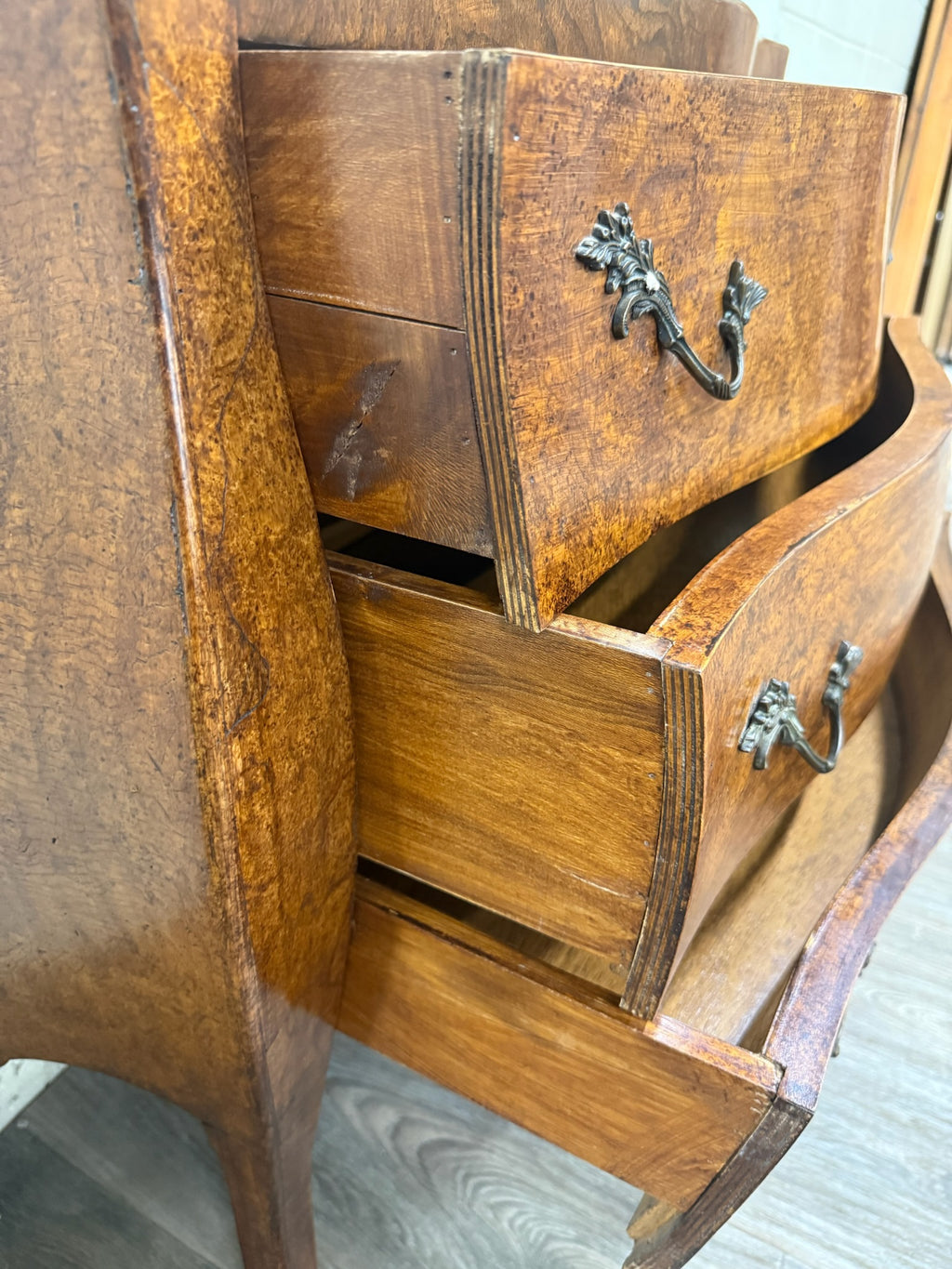 Vintage Italian Style Burled Curved Bombe Commode Chest