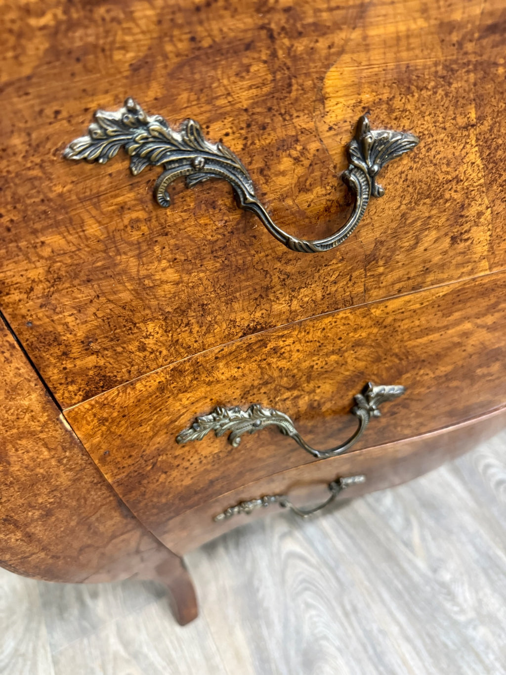 Vintage Italian Style Burled Curved Bombe Commode Chest