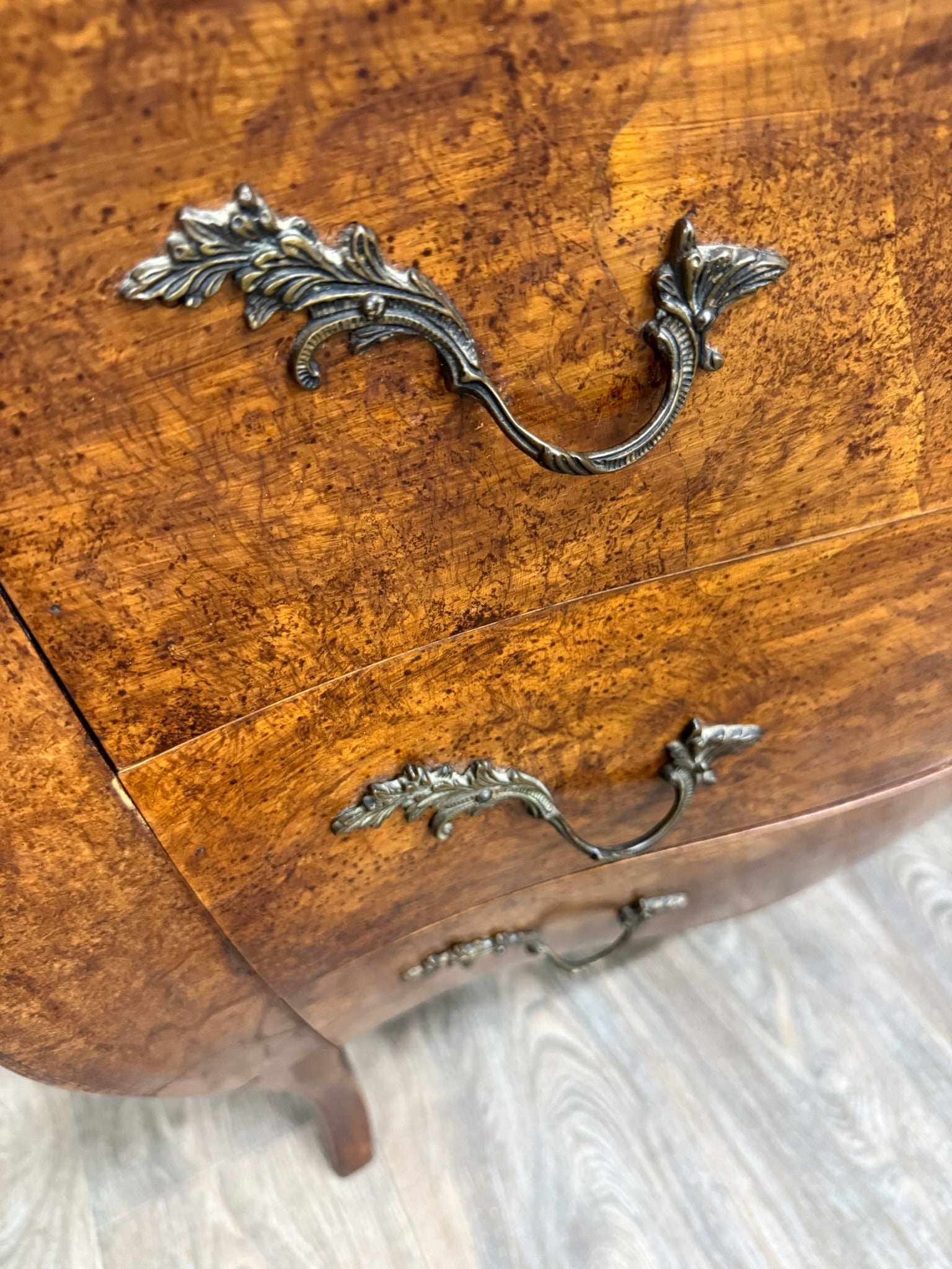 Vintage Italian Style Burled Curved Bombe Commode Chest