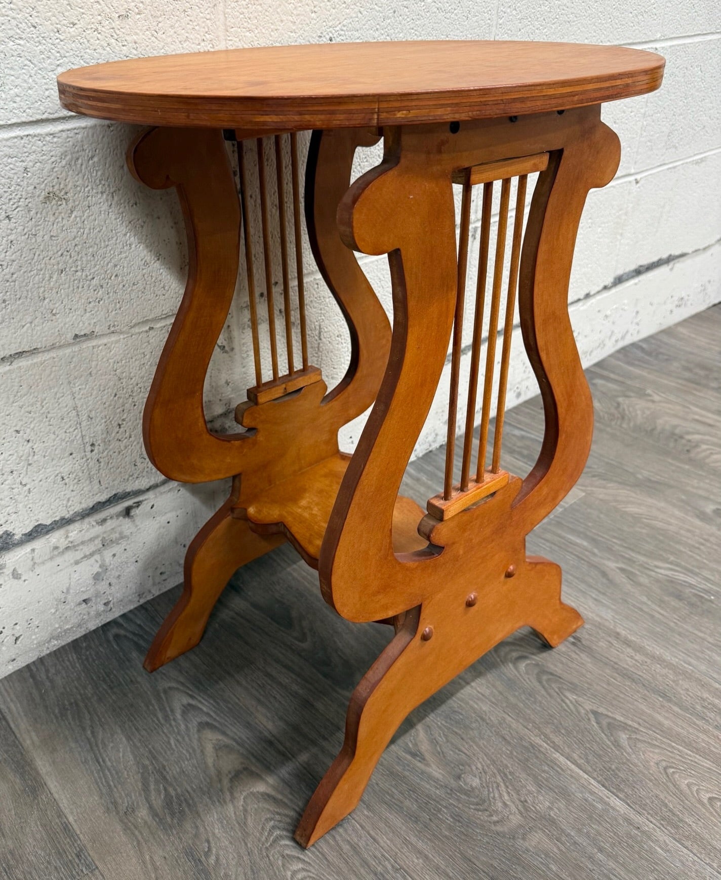 Signed Studio Crafted Arts and Crafts Style Lyre Harp Base Side Table