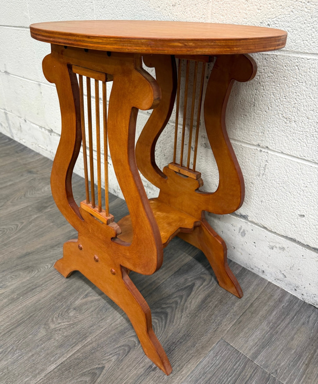 Signed Studio Crafted Arts and Crafts Style Lyre Harp Base Side Table