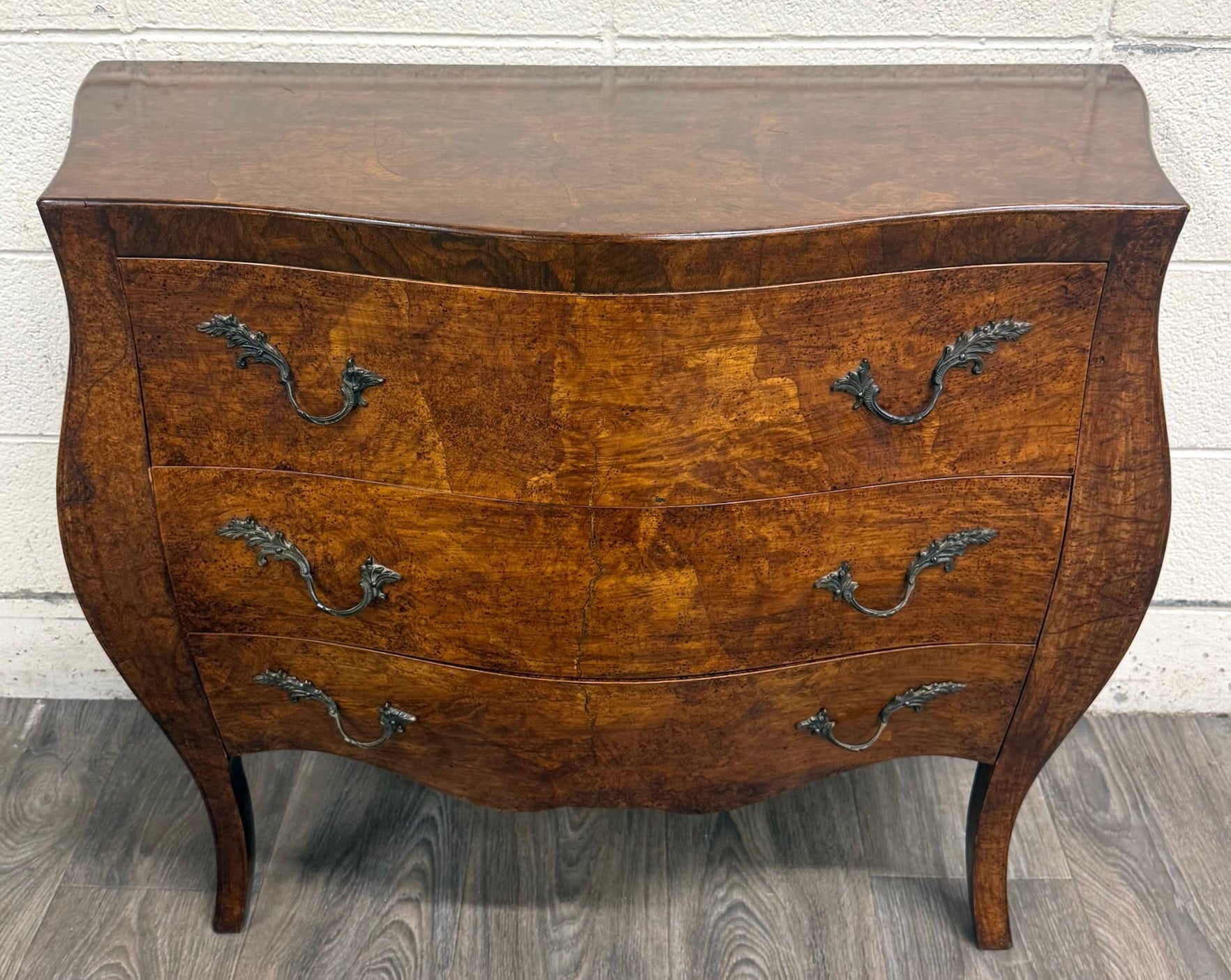 Vintage Italian Style Burled Curved Bombe Commode Chest