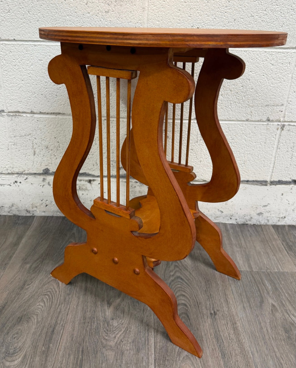 Signed Studio Crafted Arts and Crafts Style Lyre Harp Base Side Table