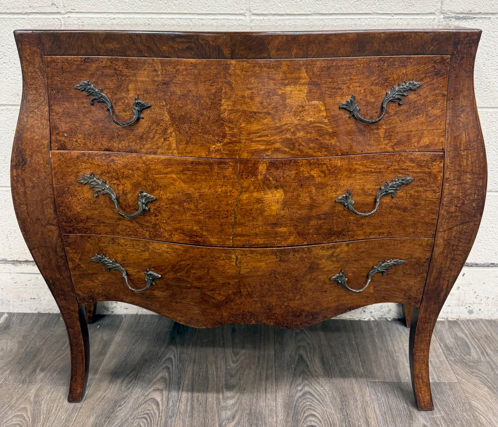 Vintage Italian Style Burled Curved Bombe Commode Chest