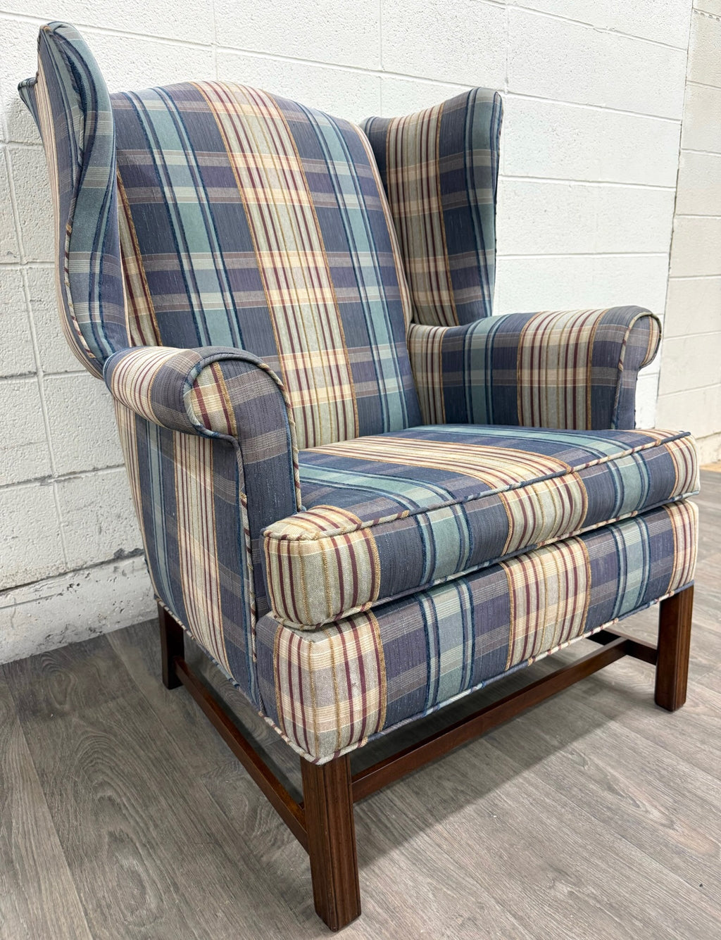 Vintage Wingback Plaid Upholstered Armchair