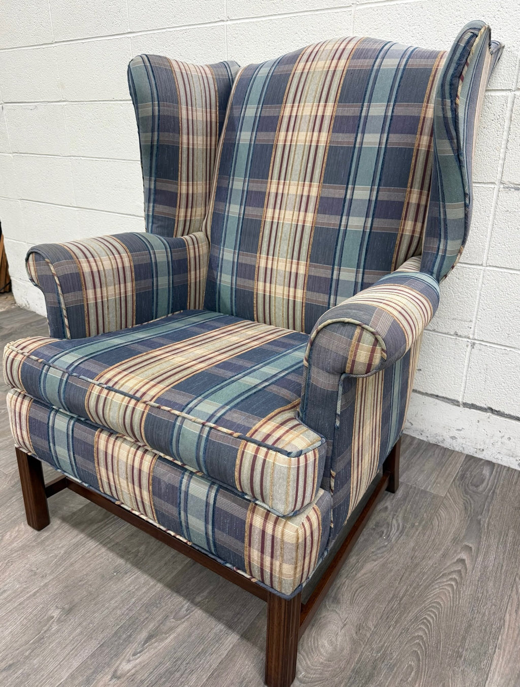 Vintage Wingback Plaid Upholstered Armchair