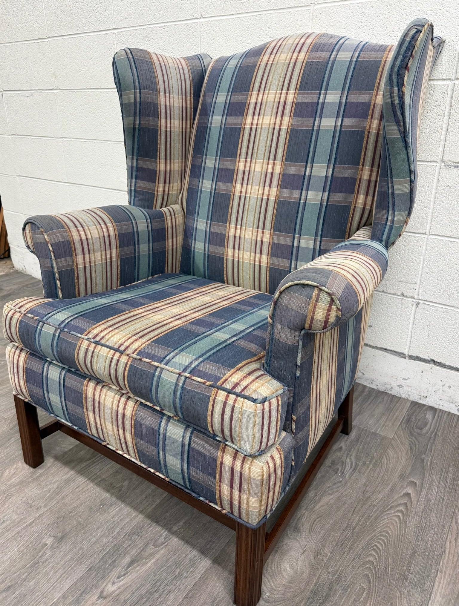 Vintage Wingback Plaid Upholstered Armchair